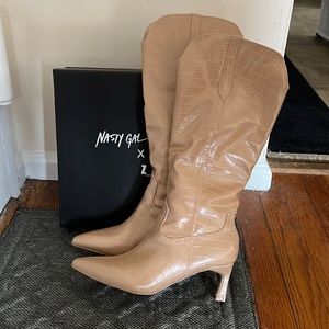 Nasty Gal Faux Croc Knee High Boots, Tan / Beige US size 7, UK size 5